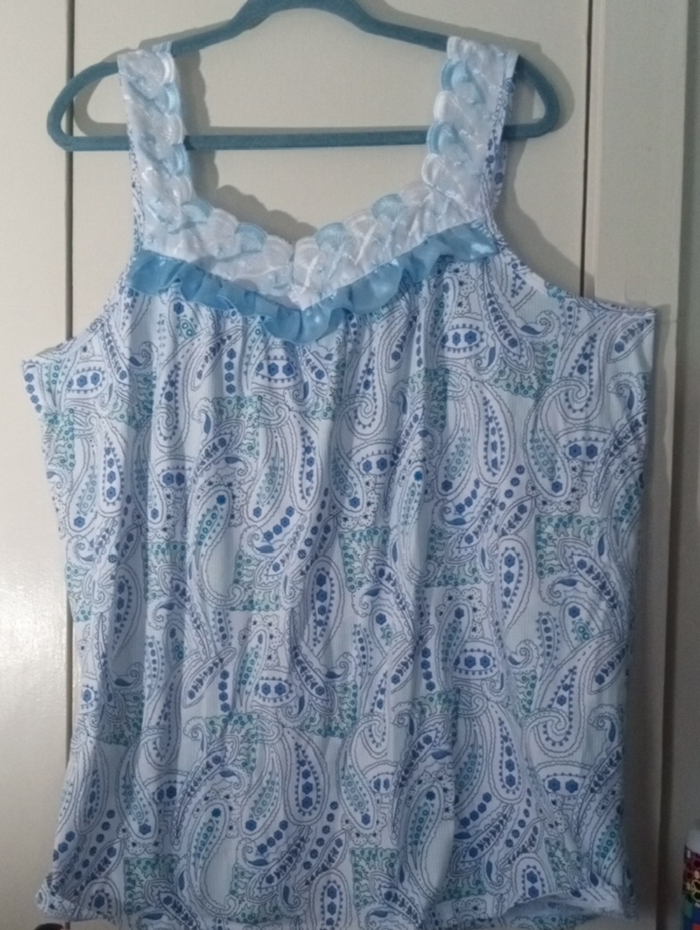 Lati Fashion Two Piece Boho Lacey Neck Blue Paisley Pajama Set 100% Cotton XL
